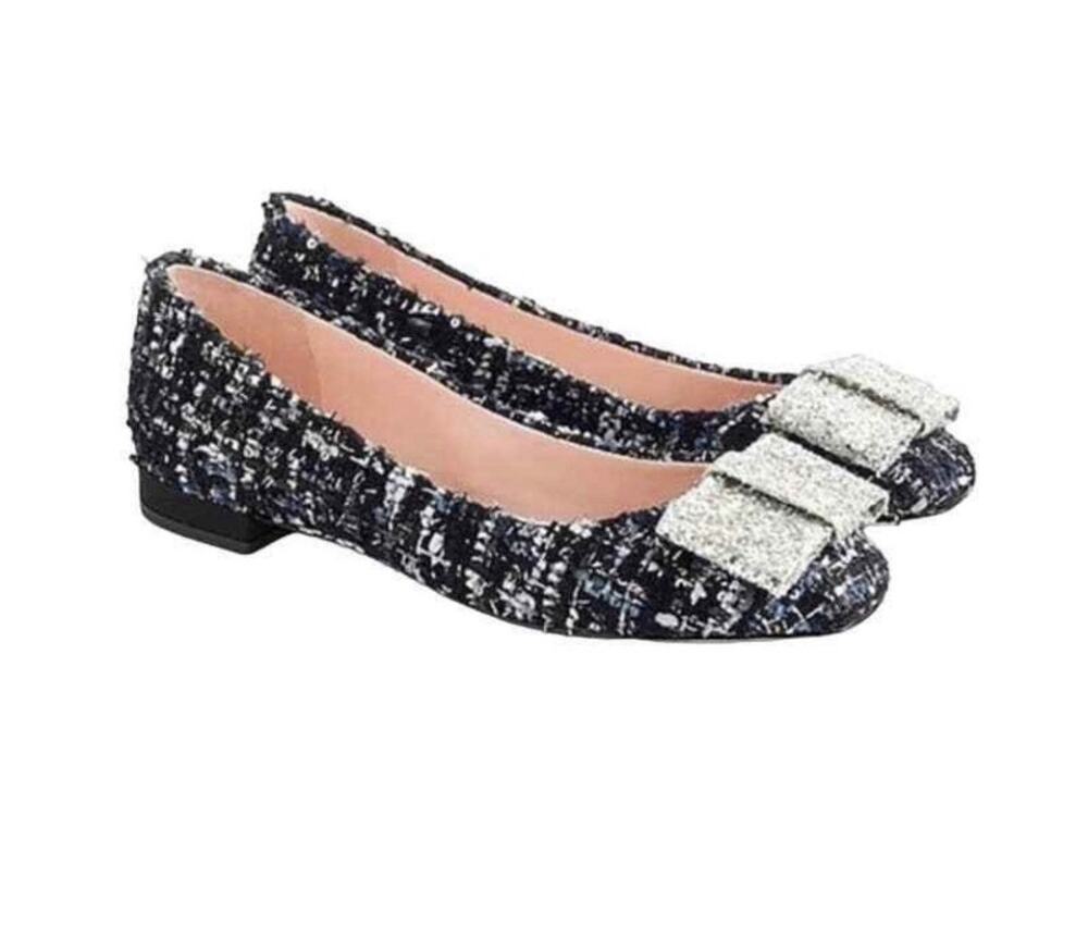 J.Crew Poppy Tweed Ballet Flats Glitter Bow Elegant Size 7.5 Classic Preppy
